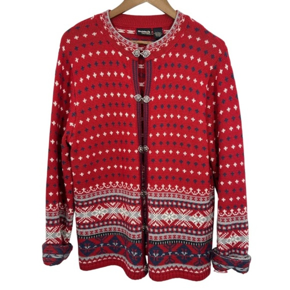 Guide Series Red Fair Isle Nordic Wool Blend Toggle Cardigan Sweater Heart Clasp